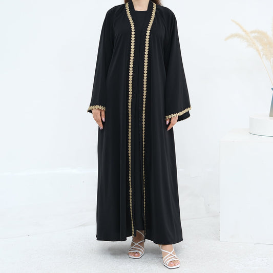 Al Zahra Gold Appliqué Nida Kimono Abaya (عباءة الزهراء بالذهبي المزخرف من نيدا) - Noor & Grace