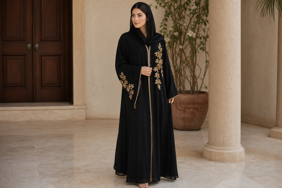 Al Zahra Gold Appliqué Abaya: Luxury Meets Modest Elegance