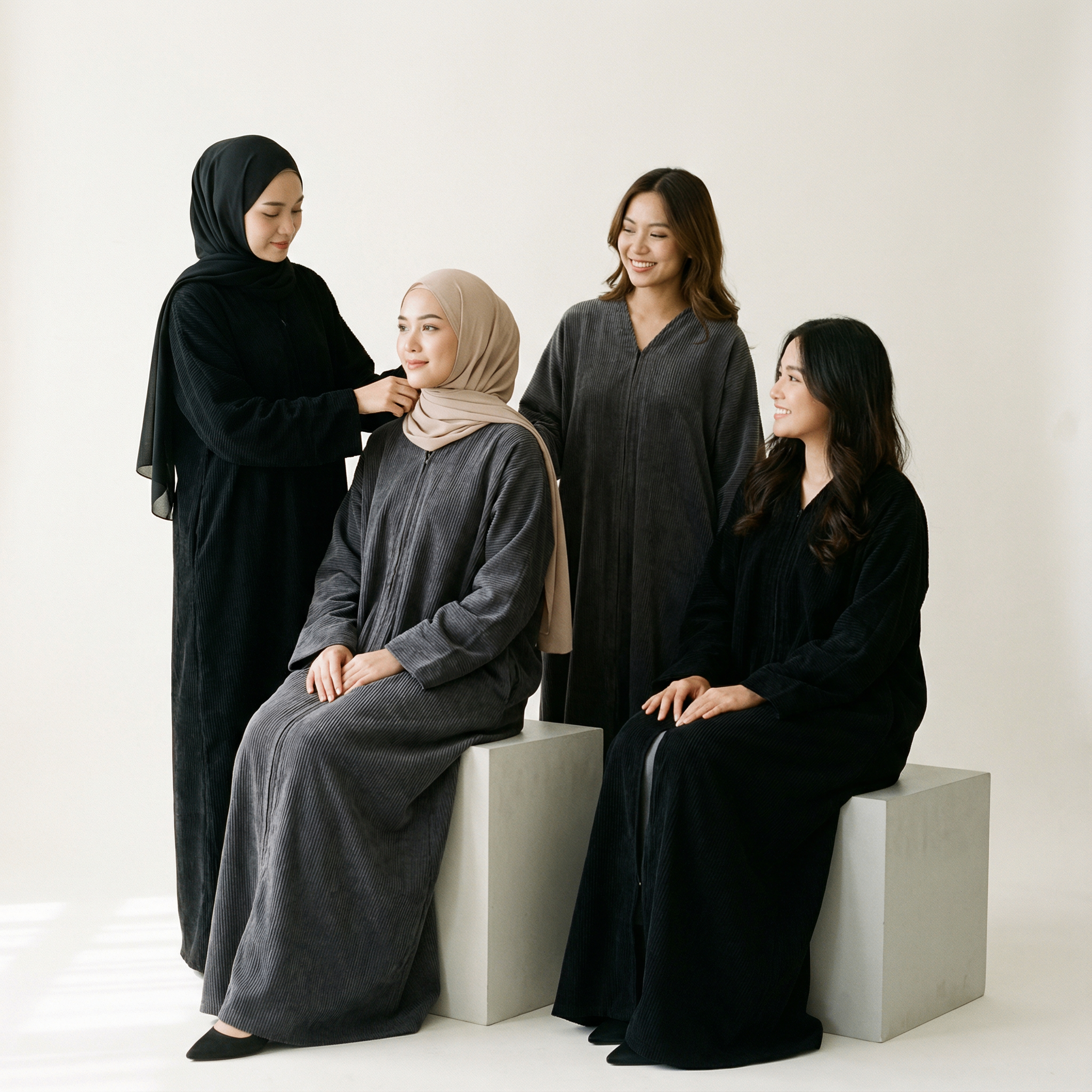 Four women wearing abayas in black, gray, and beige on a white background. Noor Grace Winter Collection showcasing warm and stylish abayas. Noor & Grace Winter collection