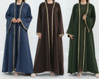 Al Zahra Gold Appliqué Nida Kimono Abaya (عباءة الزهراء بالذهبي المزخرف من نيدا) - Noor & Grace