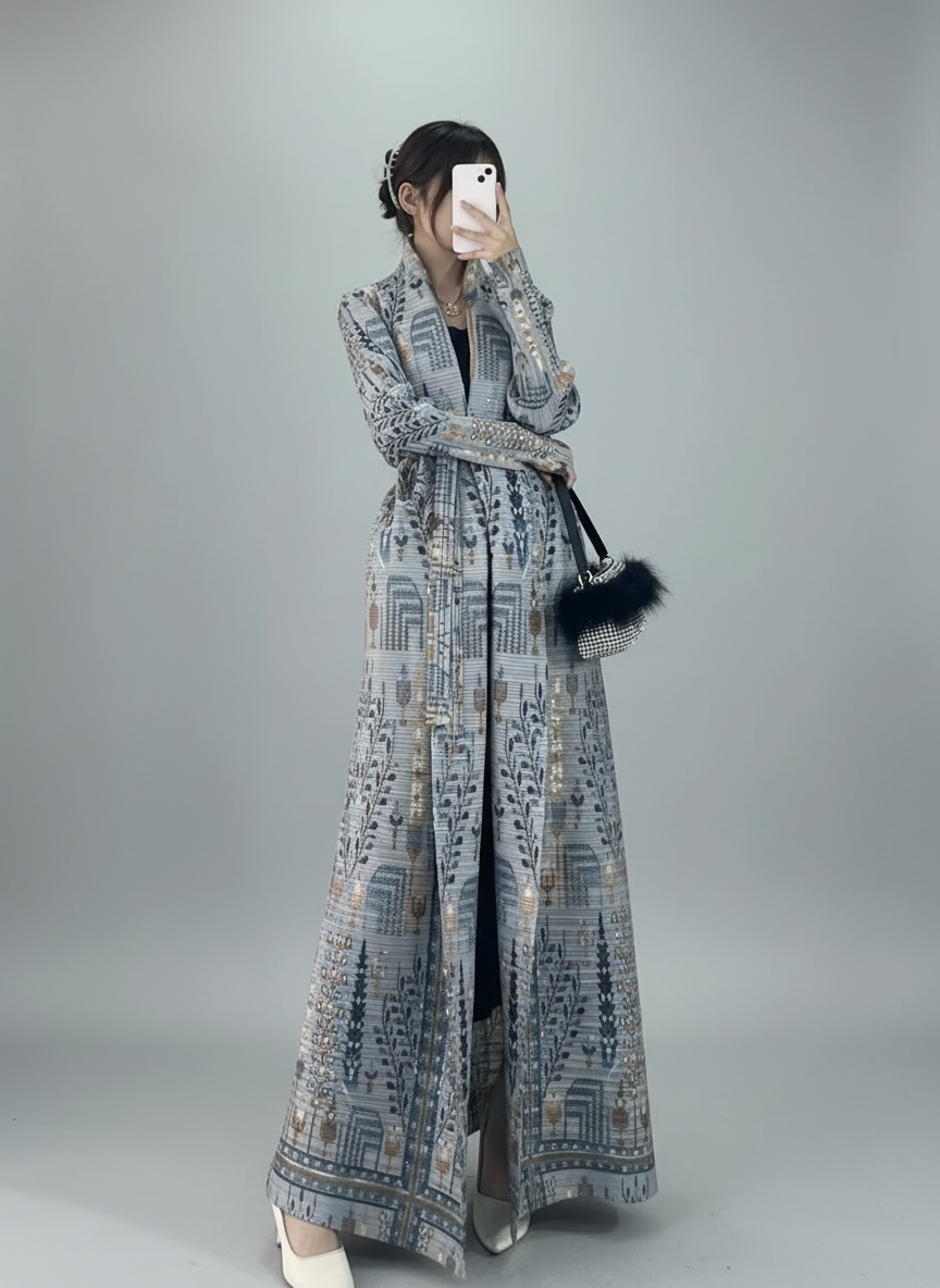 Al Noor Pleated Abaya Gray – 2025 Dubai Edition (عباءة النور بليت بأكمام باتوينغ – إصدار دبي 2025) - Noor & Grace