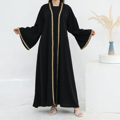 Al Zahra Gold Appliqué Nida Kimono Abaya (عباءة الزهراء بالذهبي المزخرف من نيدا) - Noor & Grace