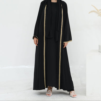 Al Zahra Gold Appliqué Nida Kimono Abaya (عباءة الزهراء بالذهبي المزخرف من نيدا) - Noor & Grace