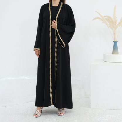 Al Zahra Gold Appliqué Nida Kimono Abaya (عباءة الزهراء بالذهبي المزخرف من نيدا) - Noor & Grace