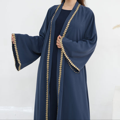 Al Zahra Gold Appliqué Nida Kimono Abaya (عباءة الزهراء بالذهبي المزخرف من نيدا) - Noor & Grace