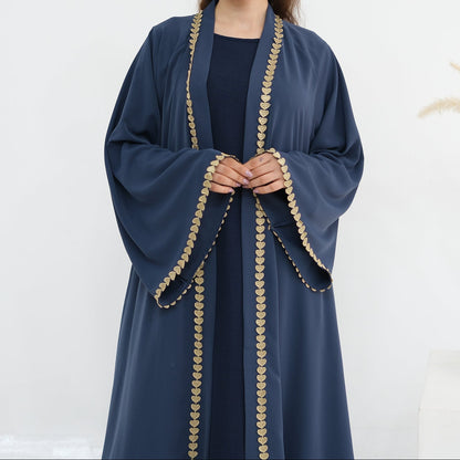 Al Zahra Gold Appliqué Nida Kimono Abaya (عباءة الزهراء بالذهبي المزخرف من نيدا) - Noor & Grace