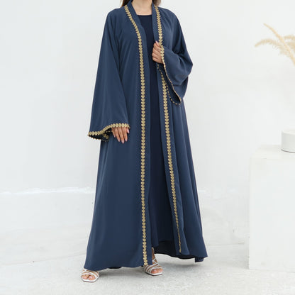 Al Zahra Gold Appliqué Nida Kimono Abaya (عباءة الزهراء بالذهبي المزخرف من نيدا) - Noor & Grace