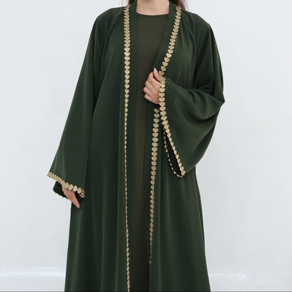 Al Zahra Gold Appliqué Nida Kimono Abaya (عباءة الزهراء بالذهبي المزخرف من نيدا) - Noor & Grace
