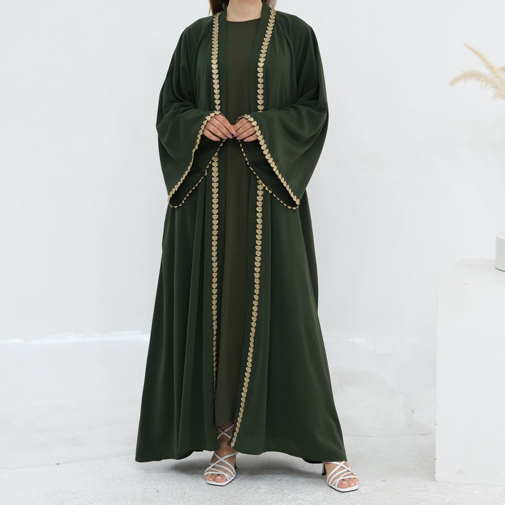 Al Zahra Gold Appliqué Nida Kimono Abaya (عباءة الزهراء بالذهبي المزخرف من نيدا) - Noor & Grace