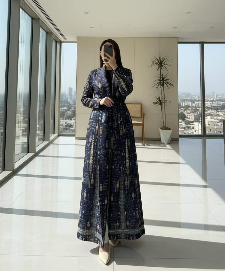 Person wearing a long, patterned dress standing indoors with a plant and chair in the background. Al_Noor_Pleated_Batwing_Abaya_2025_Dubai_Edition_Blue_1_c67328b5-800f-4fd7-873a-9cbe7f35a795 - Noor & Grace