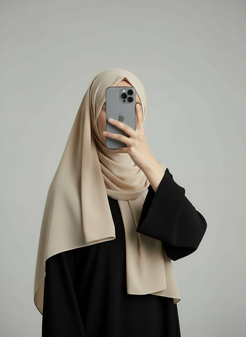 Person wearing a beige hijab and black outfit holding a phone on a gray background. Biege_Chiffon_Hijab Noor & Grace