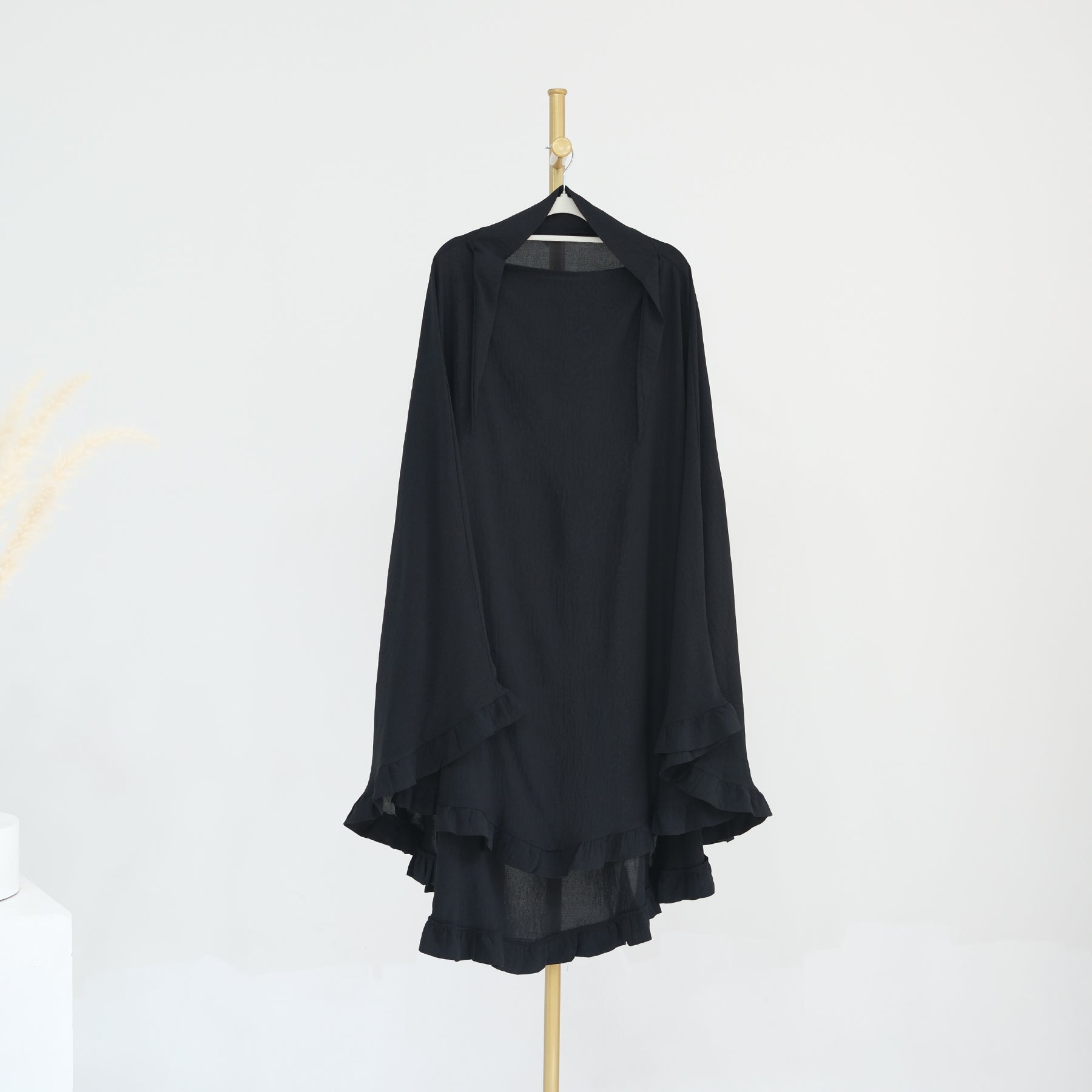 Black Wrinkle Crepe Ruffle Khimar - Noor & Grace