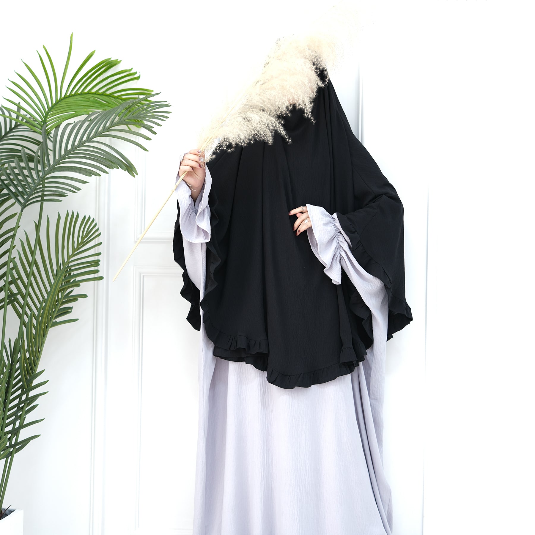 Black Wrinkle Crepe Ruffle Khimar - Noor & Grace