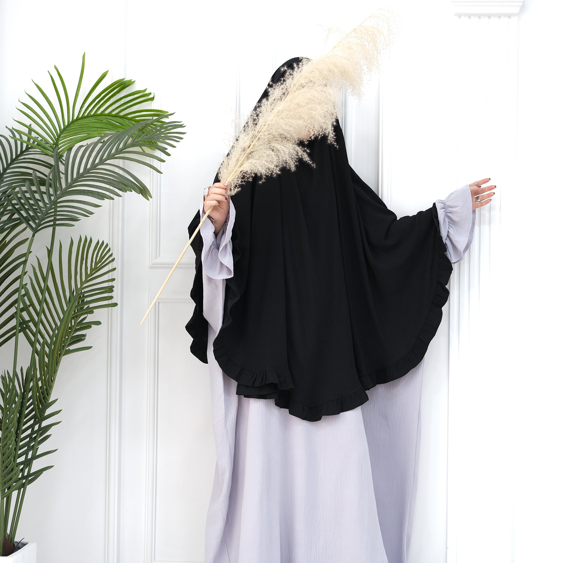 Black Wrinkle Crepe Ruffle Khimar - Noor & Grace