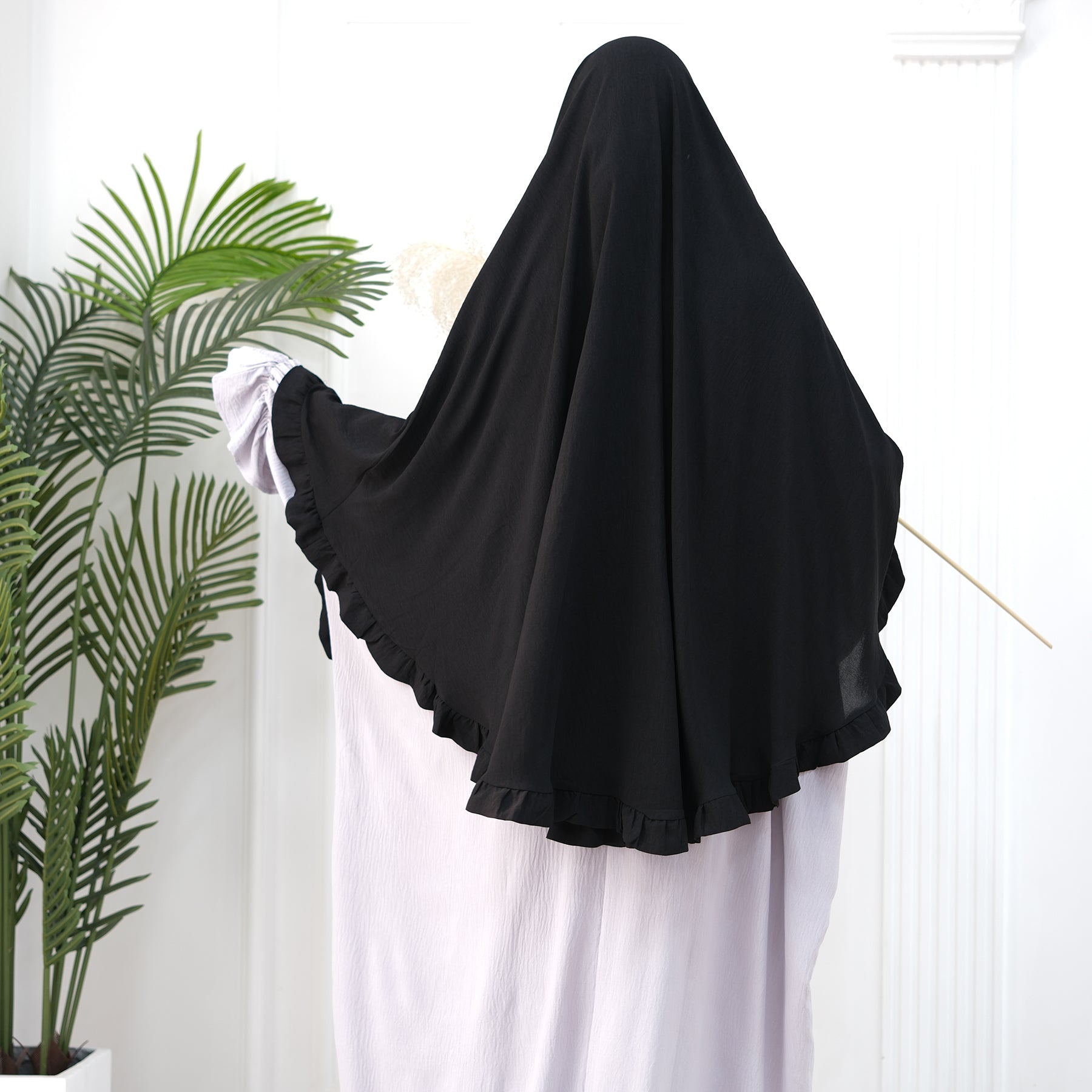 Black Wrinkle Crepe Ruffle Khimar - Noor & Grace