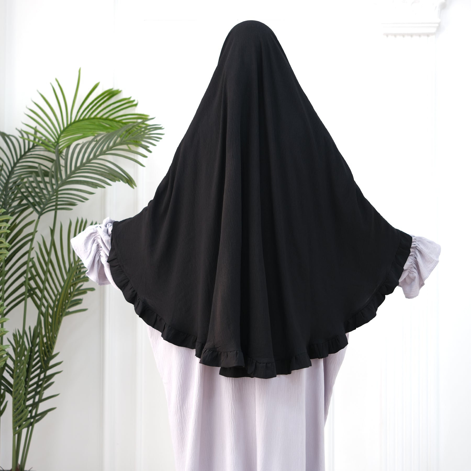 Black Wrinkle Crepe Ruffle Khimar - Noor & Grace