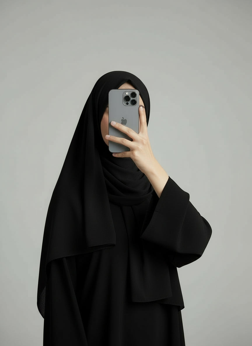 Black chiffon hijab on a model with a plain gray background. Black_Chiffon_Hijab Noor& Grace