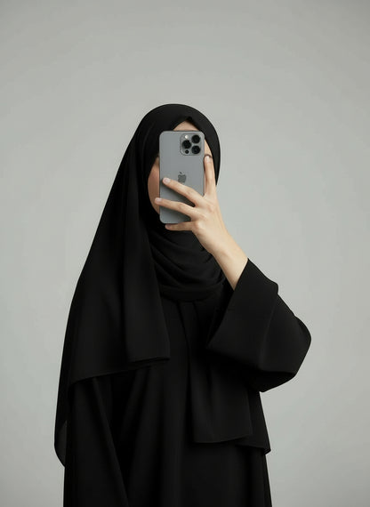 Black chiffon hijab on a model with a plain gray background. Black_Chiffon_Hijab Noor& Grace