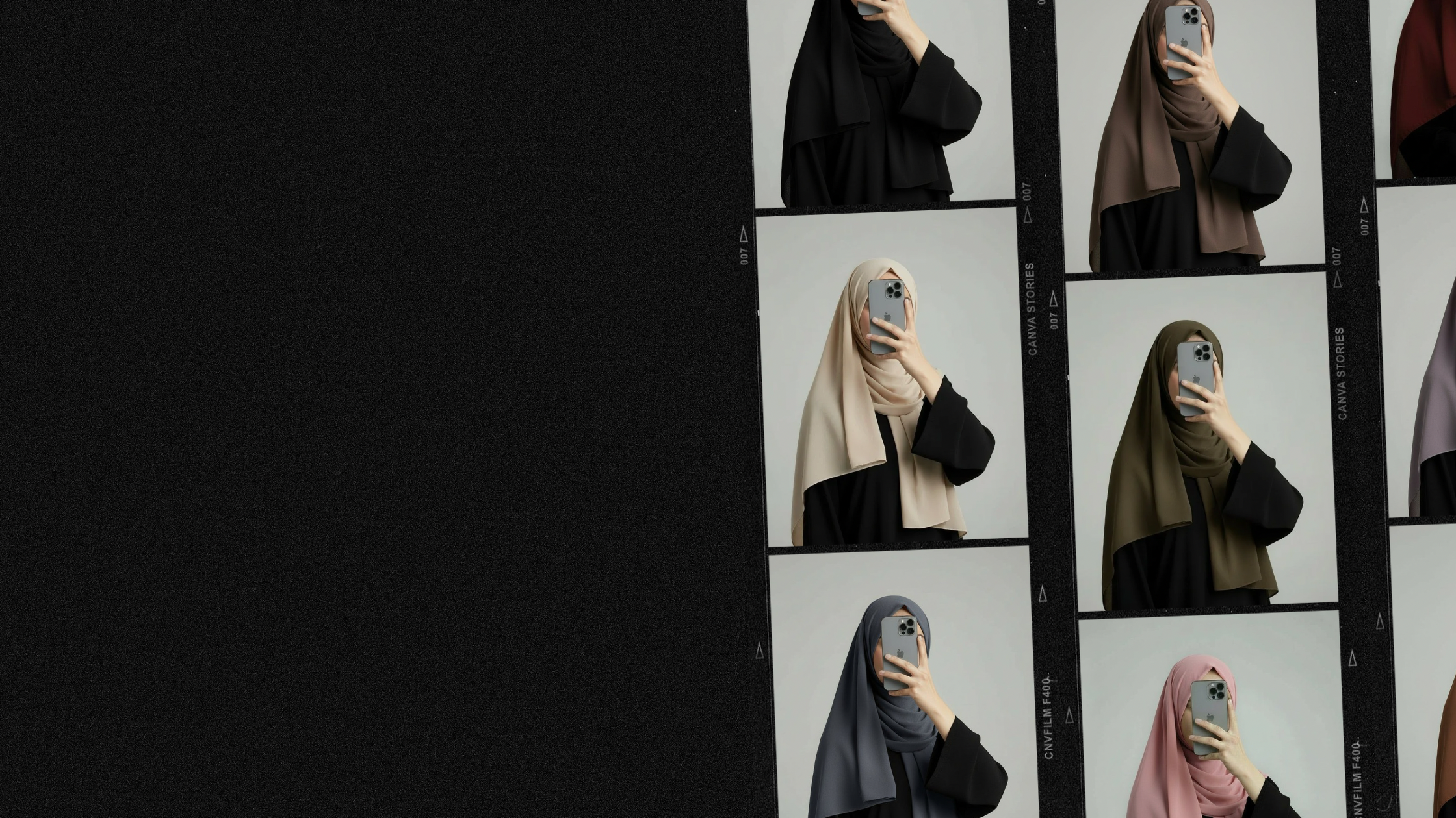 Collage of a person wearing different hijab styles against a black . Noor & Grace hijab collection banner with stylish hijabs background