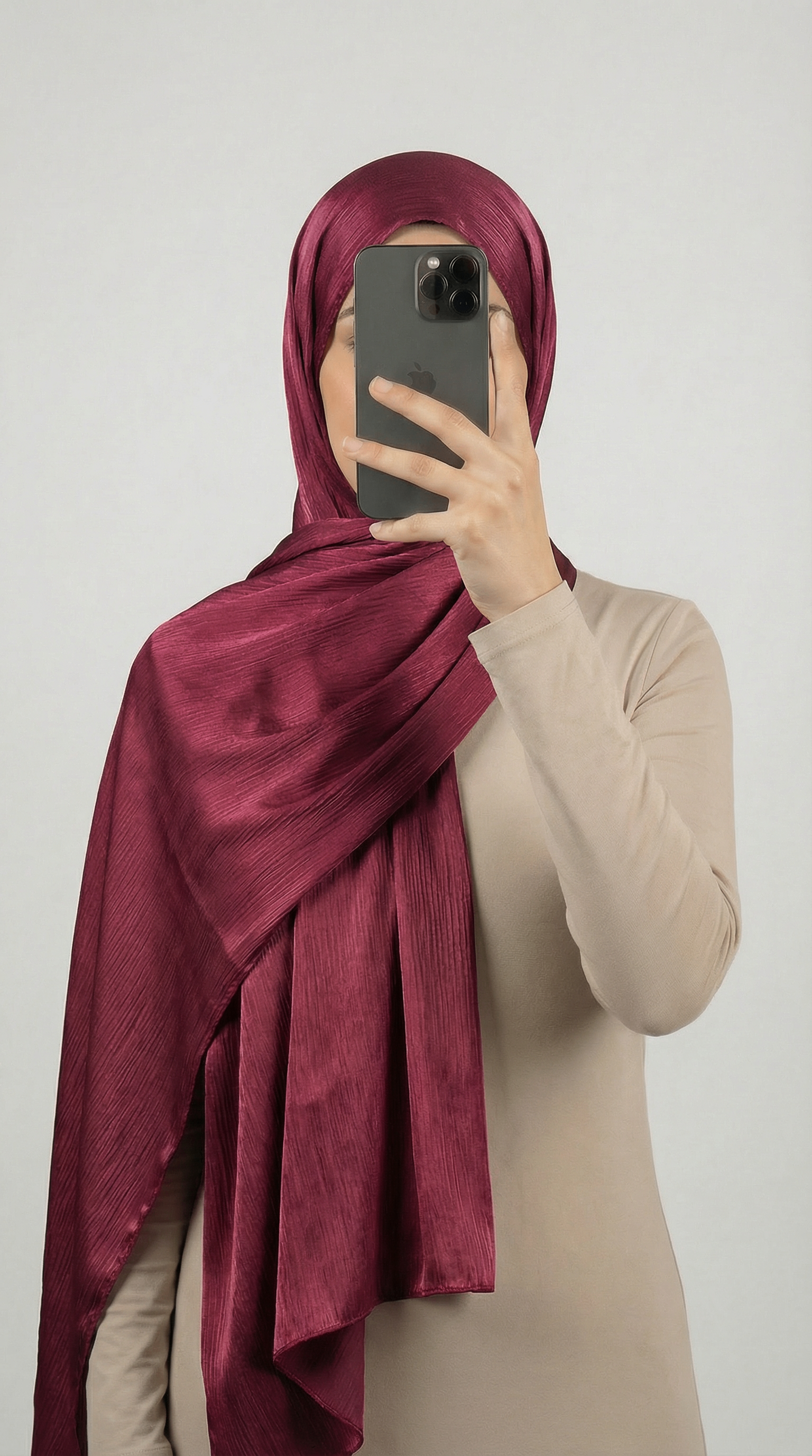 Crinkle textured satin hijab in elegant colors, featuring a soft, lightweight fabric with a stylish textured finish for graceful draping and comfortable wear.