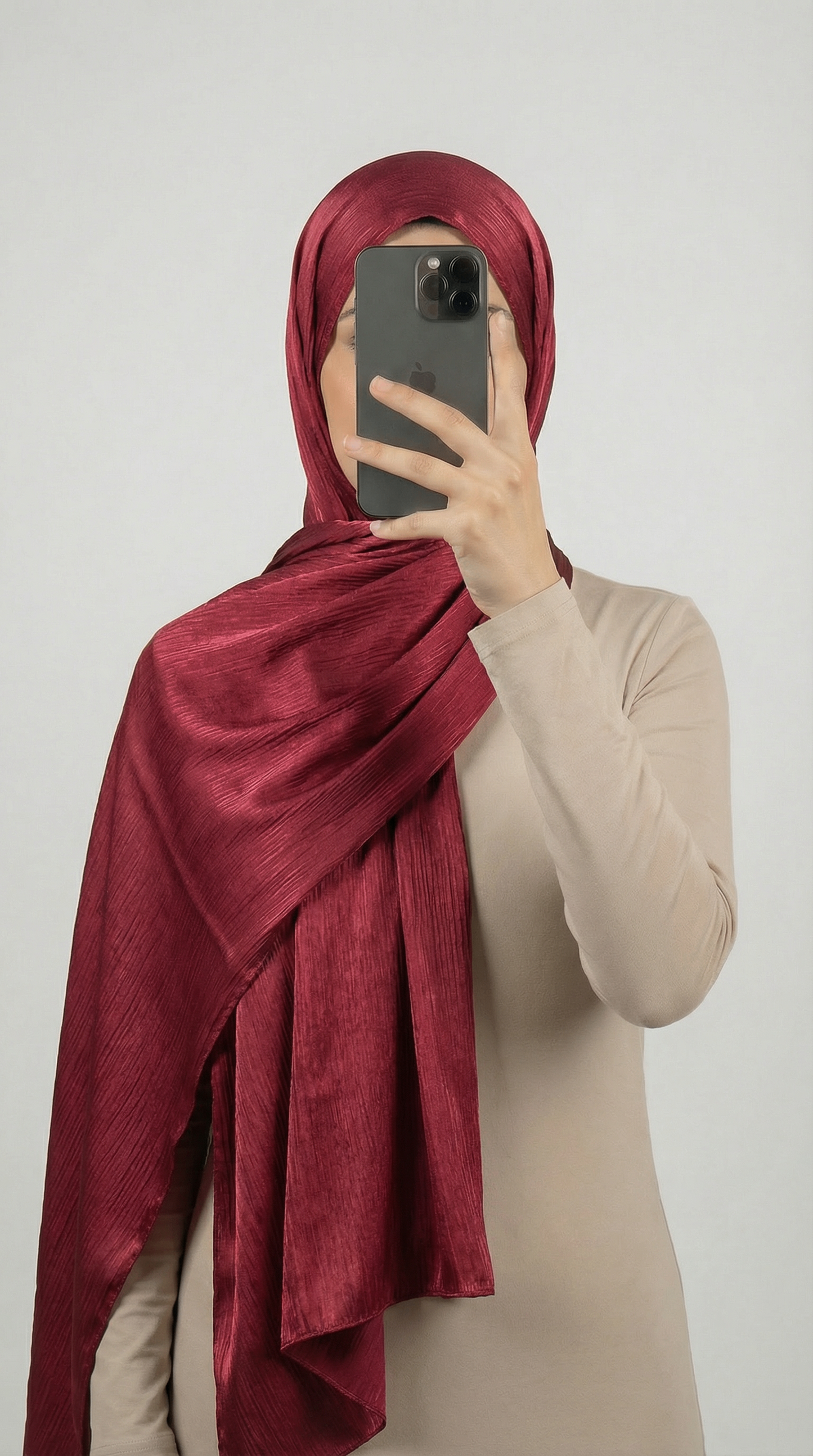 Crinkle textured satin hijab in elegant colors, featuring a soft, lightweight fabric with a stylish textured finish for graceful draping and comfortable wear.