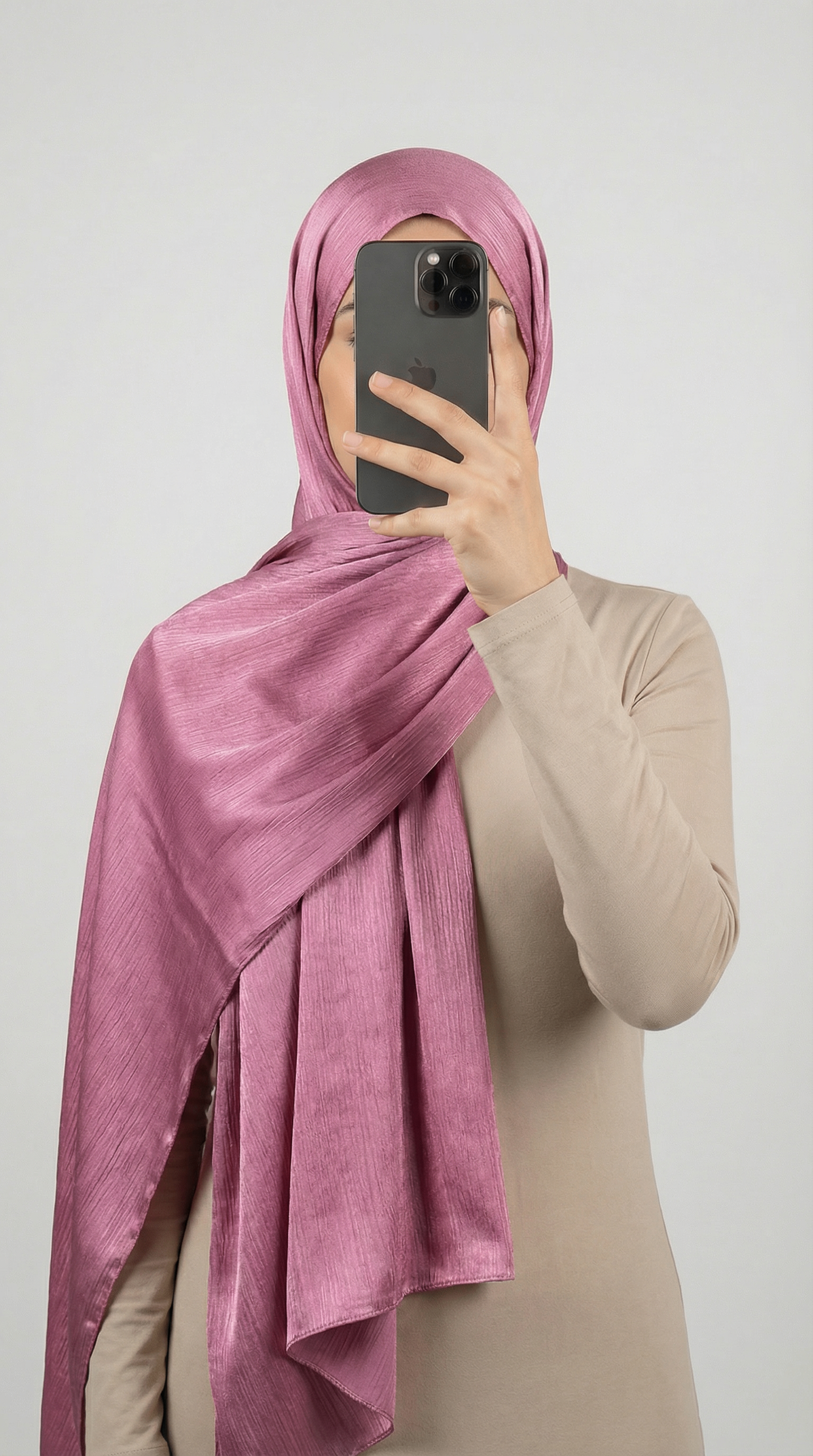 Crinkle textured satin hijab in elegant colors, featuring a soft, lightweight fabric with a stylish textured finish for graceful draping and comfortable wear.
