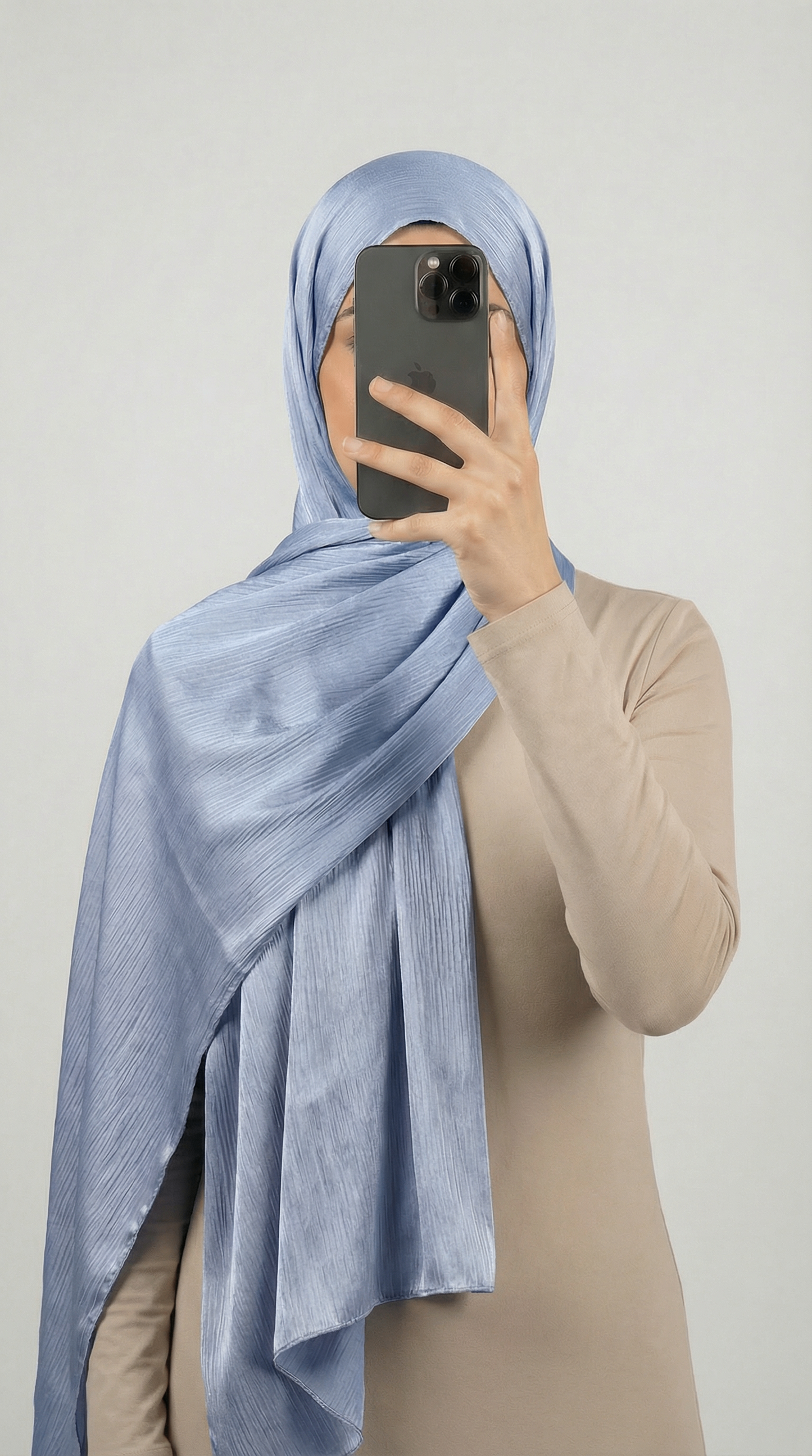 Crinkle textured satin hijab in elegant colors, featuring a soft, lightweight fabric with a stylish textured finish for graceful draping and comfortable wear.