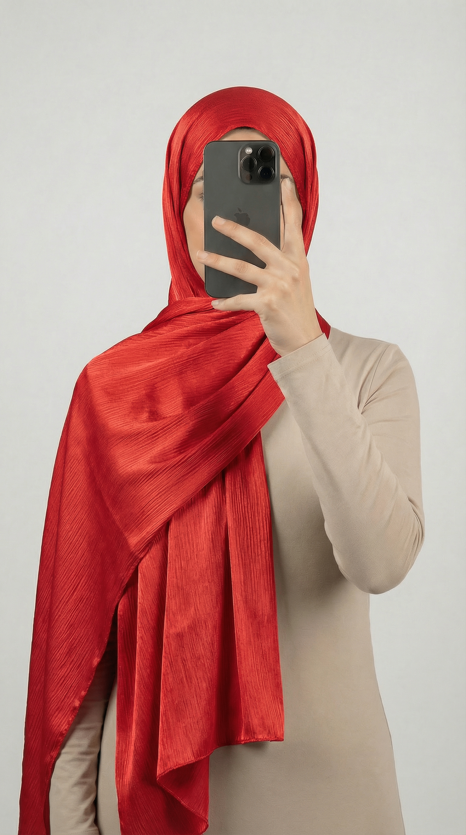 Crinkle textured satin hijab in elegant colors, featuring a soft, lightweight fabric with a stylish textured finish for graceful draping and comfortable wear.