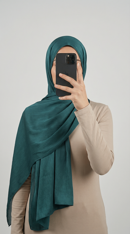 Crinkle textured satin hijab in elegant colors, featuring a soft, lightweight fabric with a stylish textured finish for graceful draping and comfortable wear.