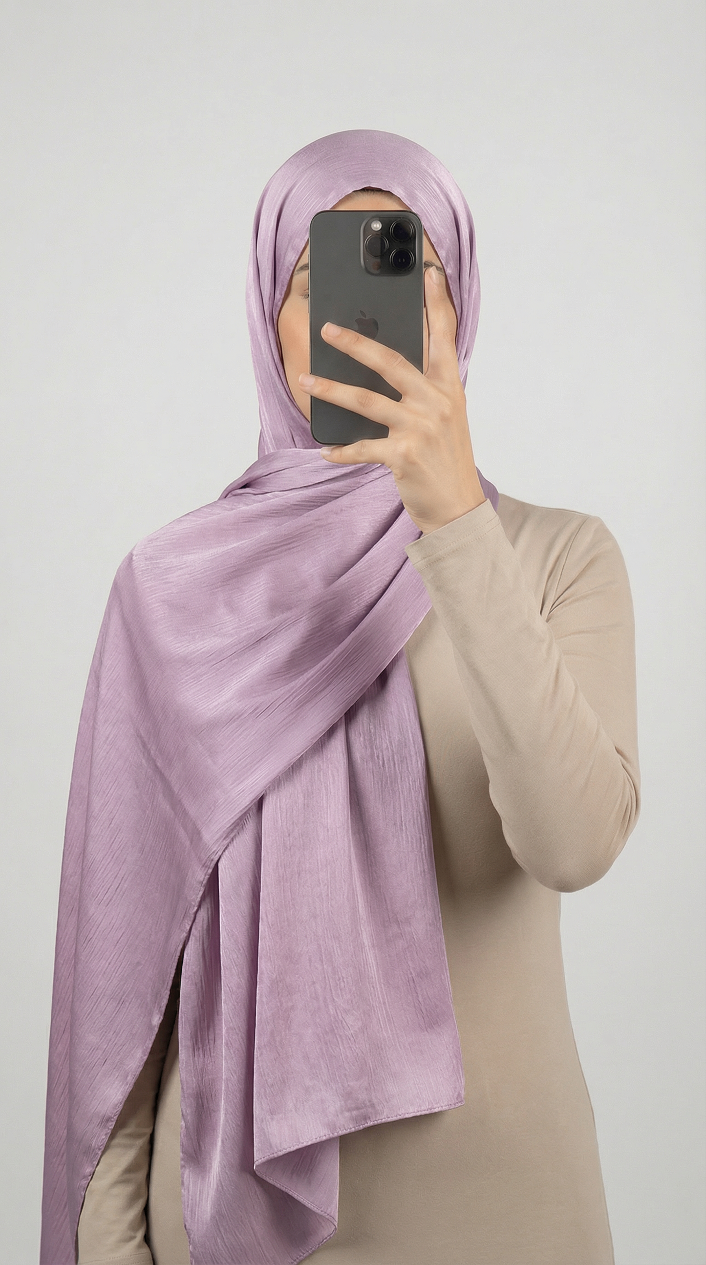 Crinkle textured satin hijab in elegant colors, featuring a soft, lightweight fabric with a stylish textured finish for graceful draping and comfortable wear.