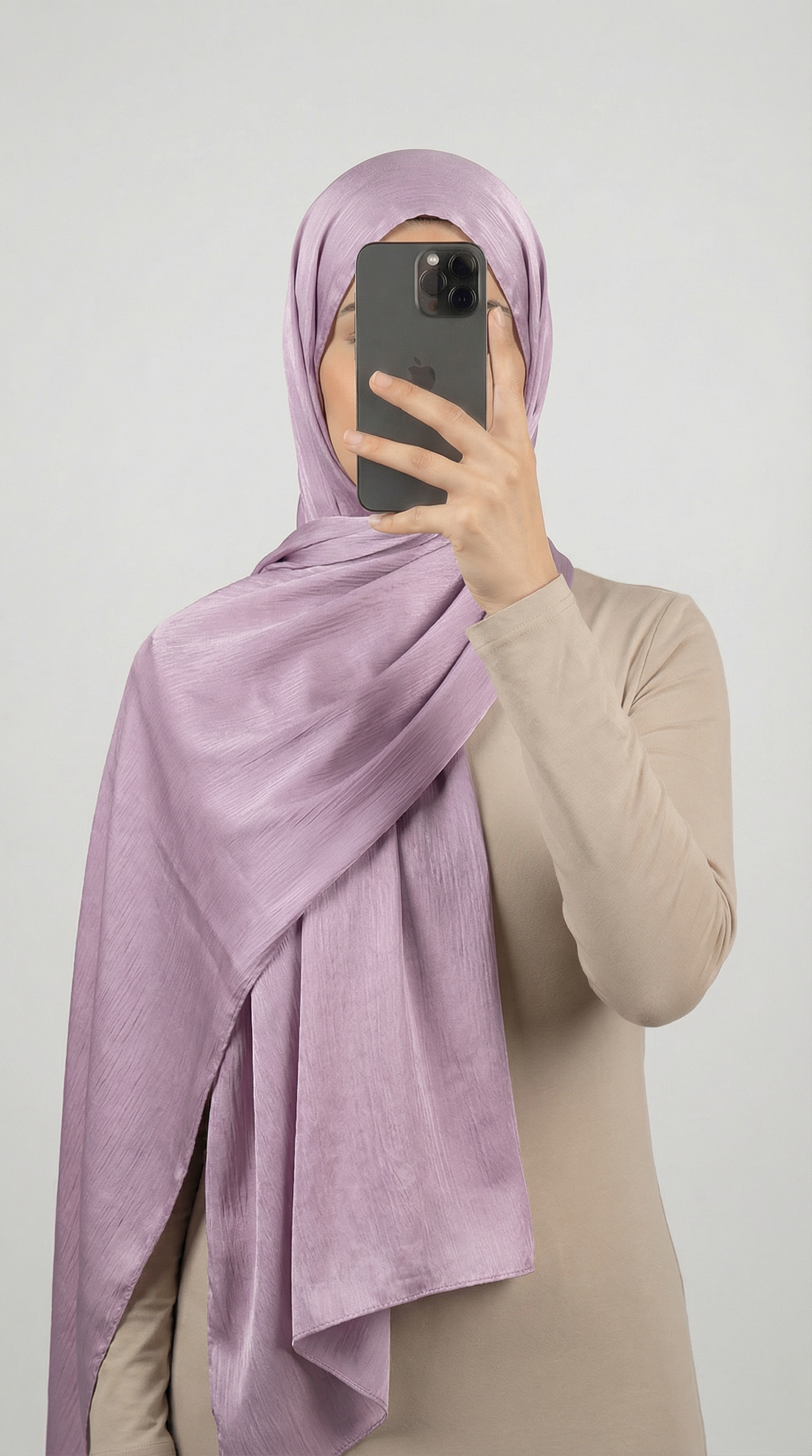 Crinkle textured satin hijab in elegant colors, featuring a soft, lightweight fabric with a stylish textured finish for graceful draping and comfortable wear.
