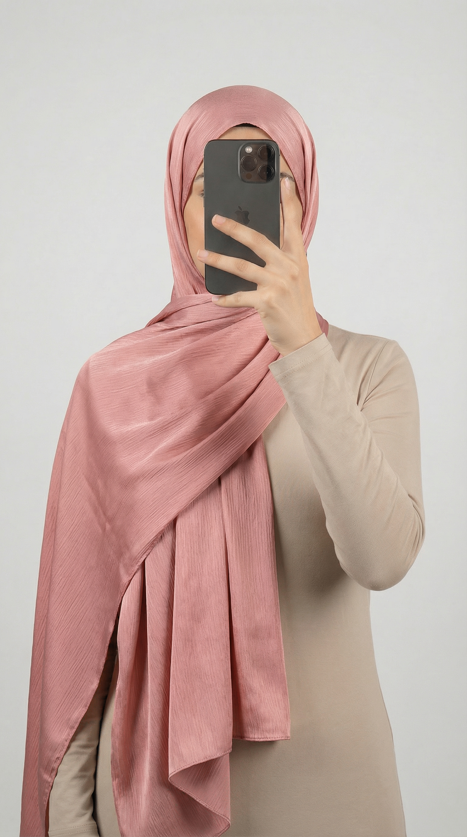 Crinkle textured satin hijab in elegant colors, featuring a soft, lightweight fabric with a stylish textured finish for graceful draping and comfortable wear.