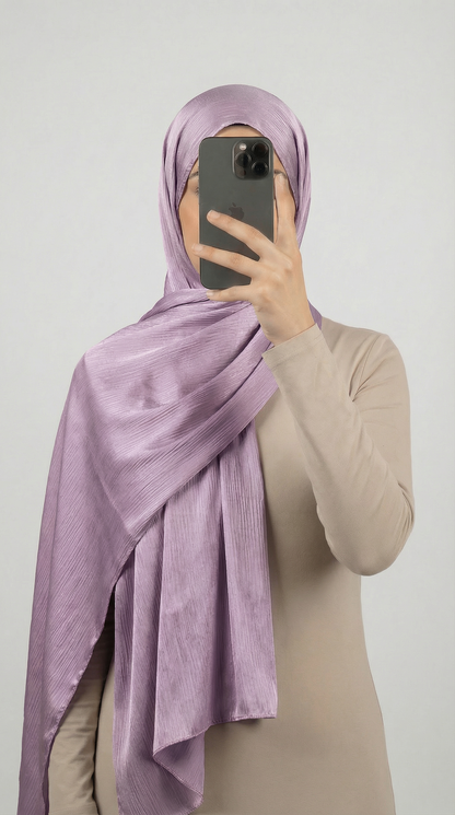 Crinkle textured satin hijab in elegant colors, featuring a soft, lightweight fabric with a stylish textured finish for graceful draping and comfortable wear.
