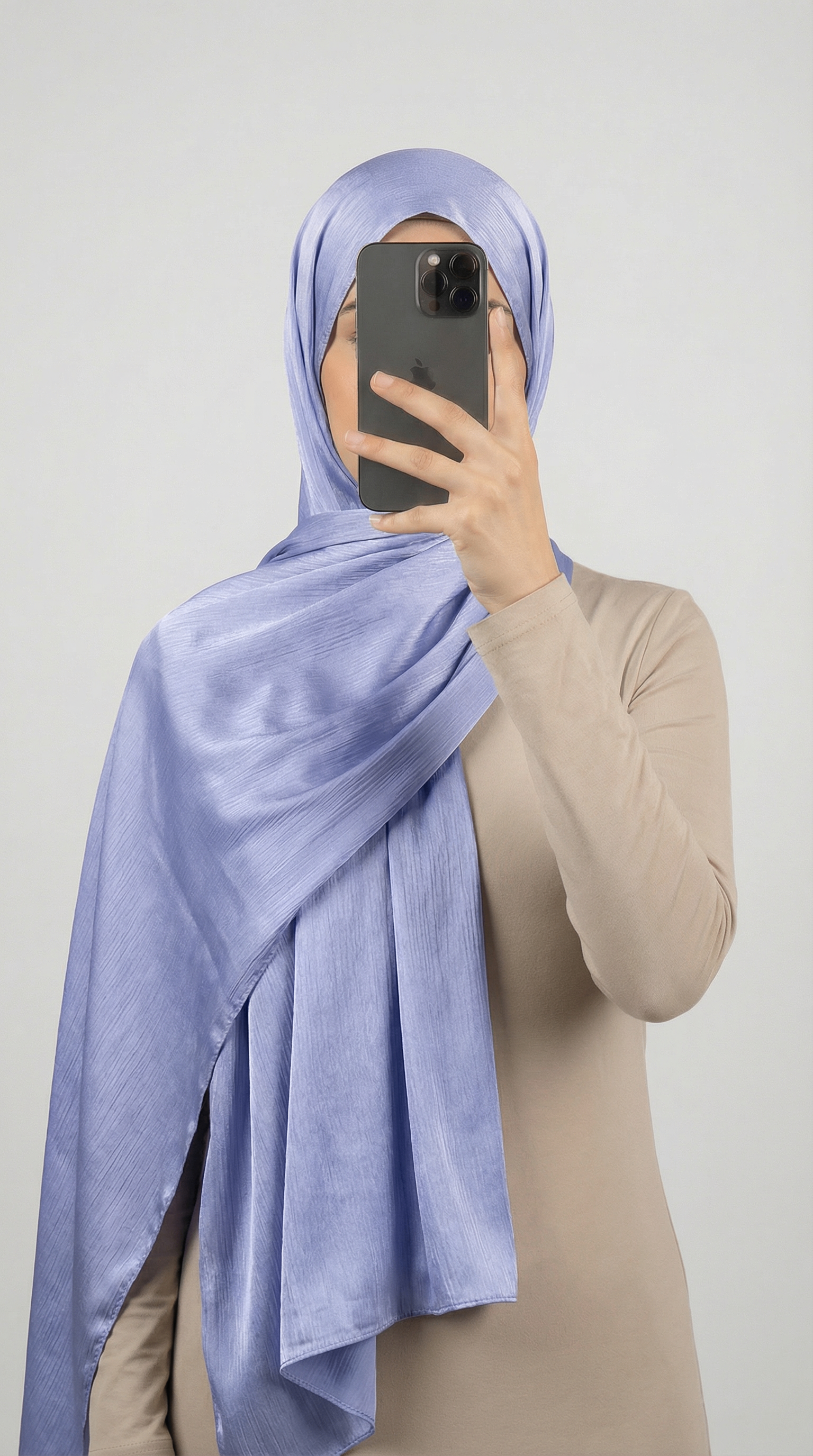 Crinkle textured satin hijab in elegant colors, featuring a soft, lightweight fabric with a stylish textured finish for graceful draping and comfortable wear.