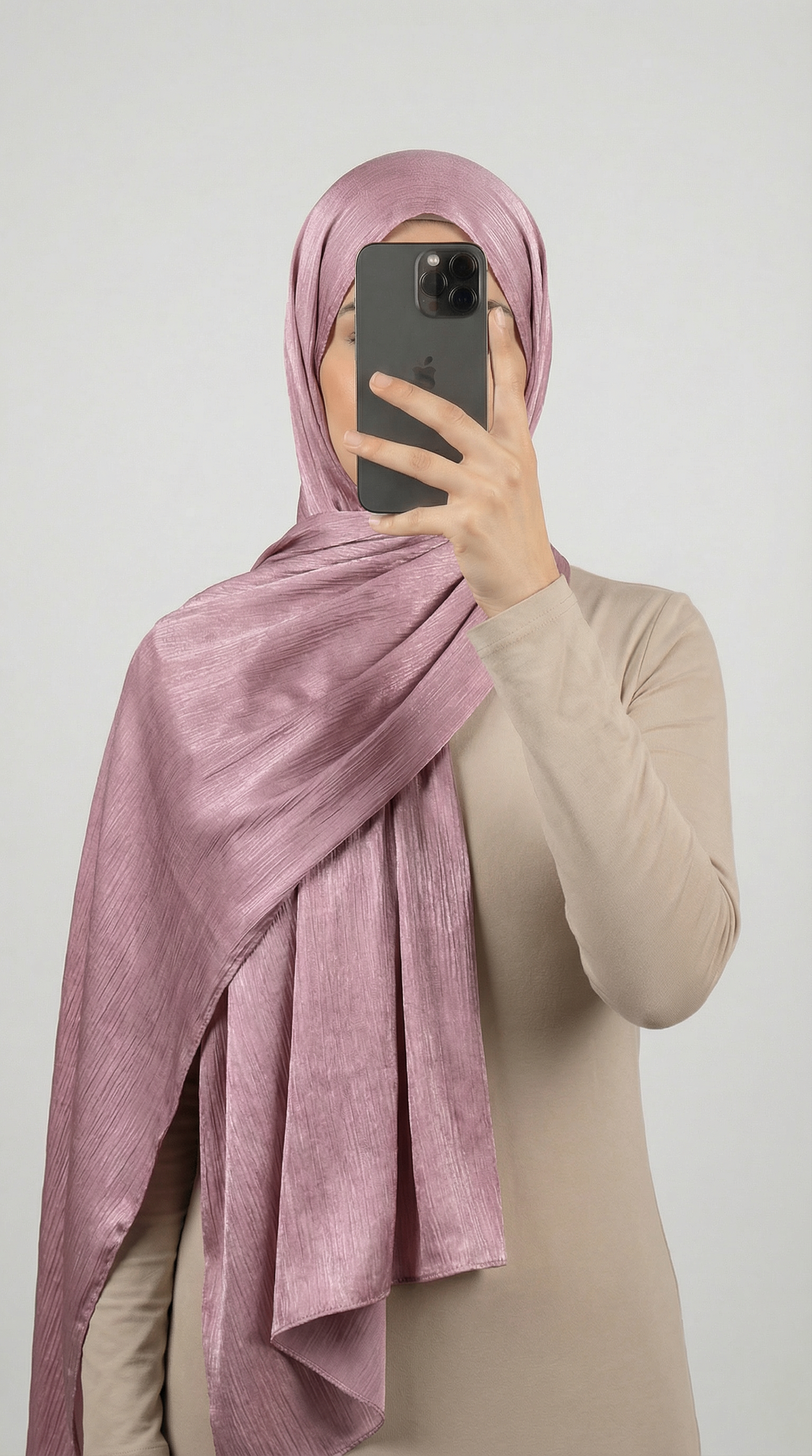 Crinkle textured satin hijab in elegant colors, featuring a soft, lightweight fabric with a stylish textured finish for graceful draping and comfortable wear.