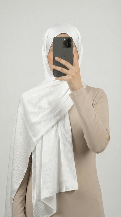 Crinkle textured satin hijab in elegant colors, featuring a soft, lightweight fabric with a stylish textured finish for graceful draping and comfortable wear.