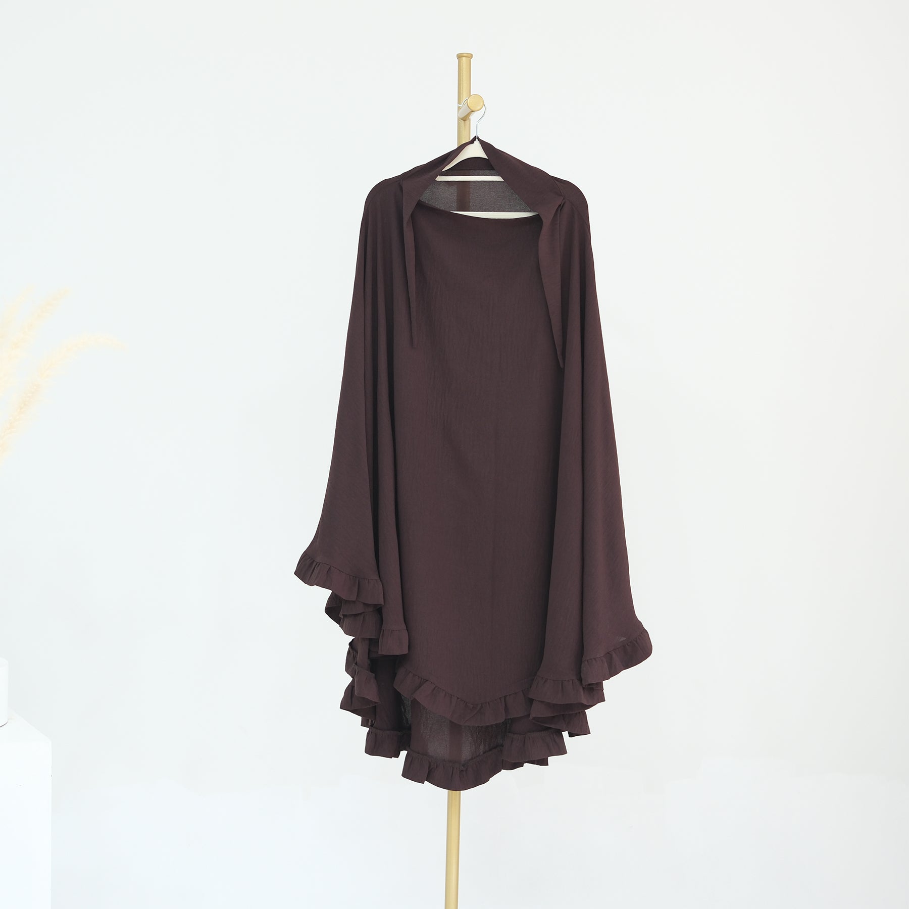 Dark Coffee Wrinkle Crepe Ruffle Khimar - Noor & Grace