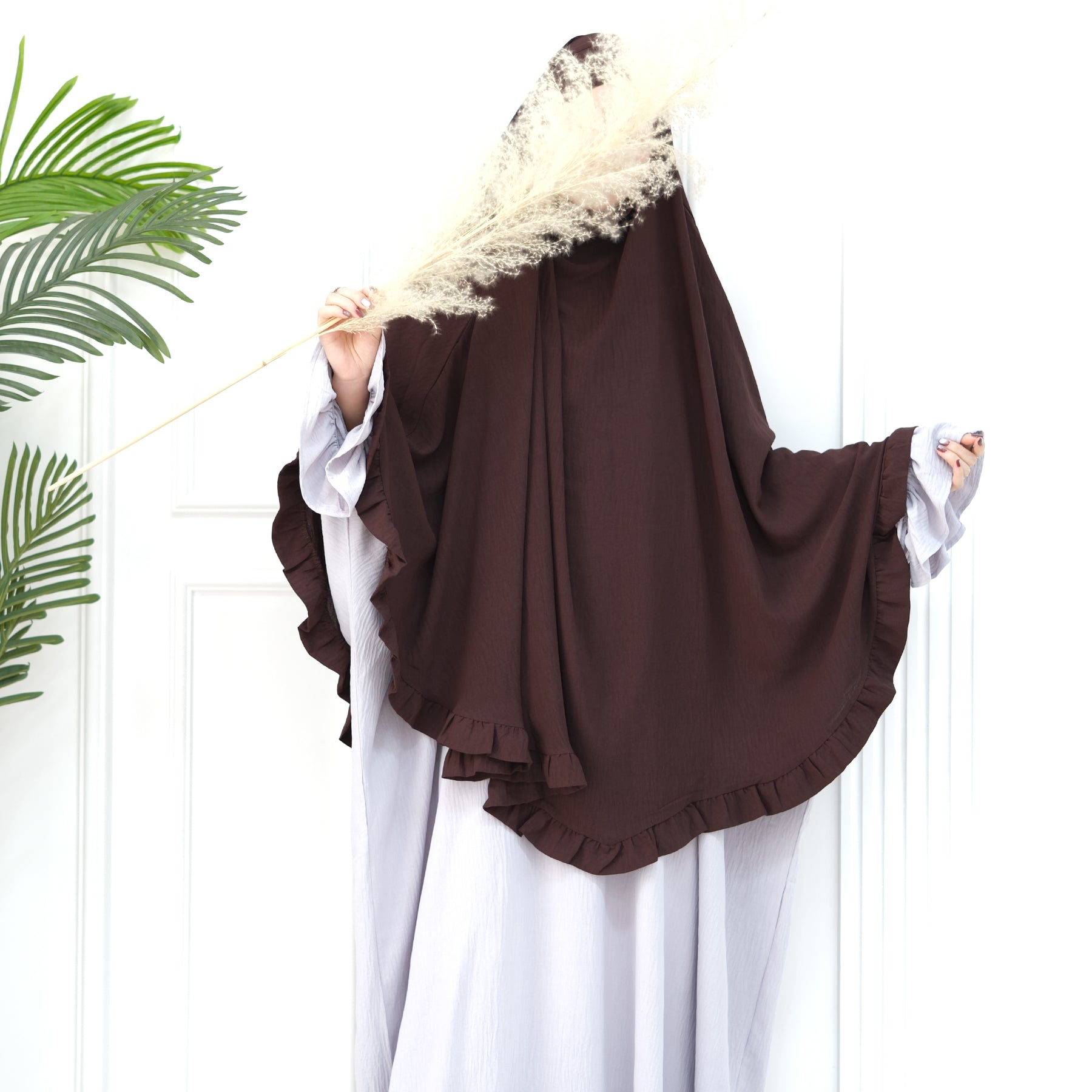 Dark Coffee Wrinkle Crepe Ruffle Khimar - Noor & Grace