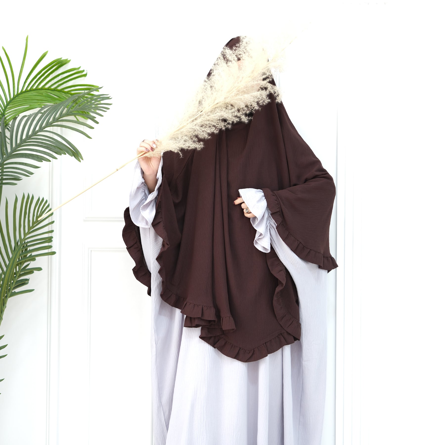 Dark Coffee Wrinkle Crepe Ruffle Khimar - Noor & Grace