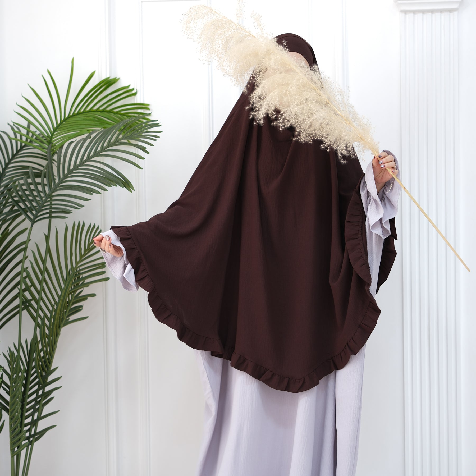 Dark Coffee Wrinkle Crepe Ruffle Khimar - Noor & Grace