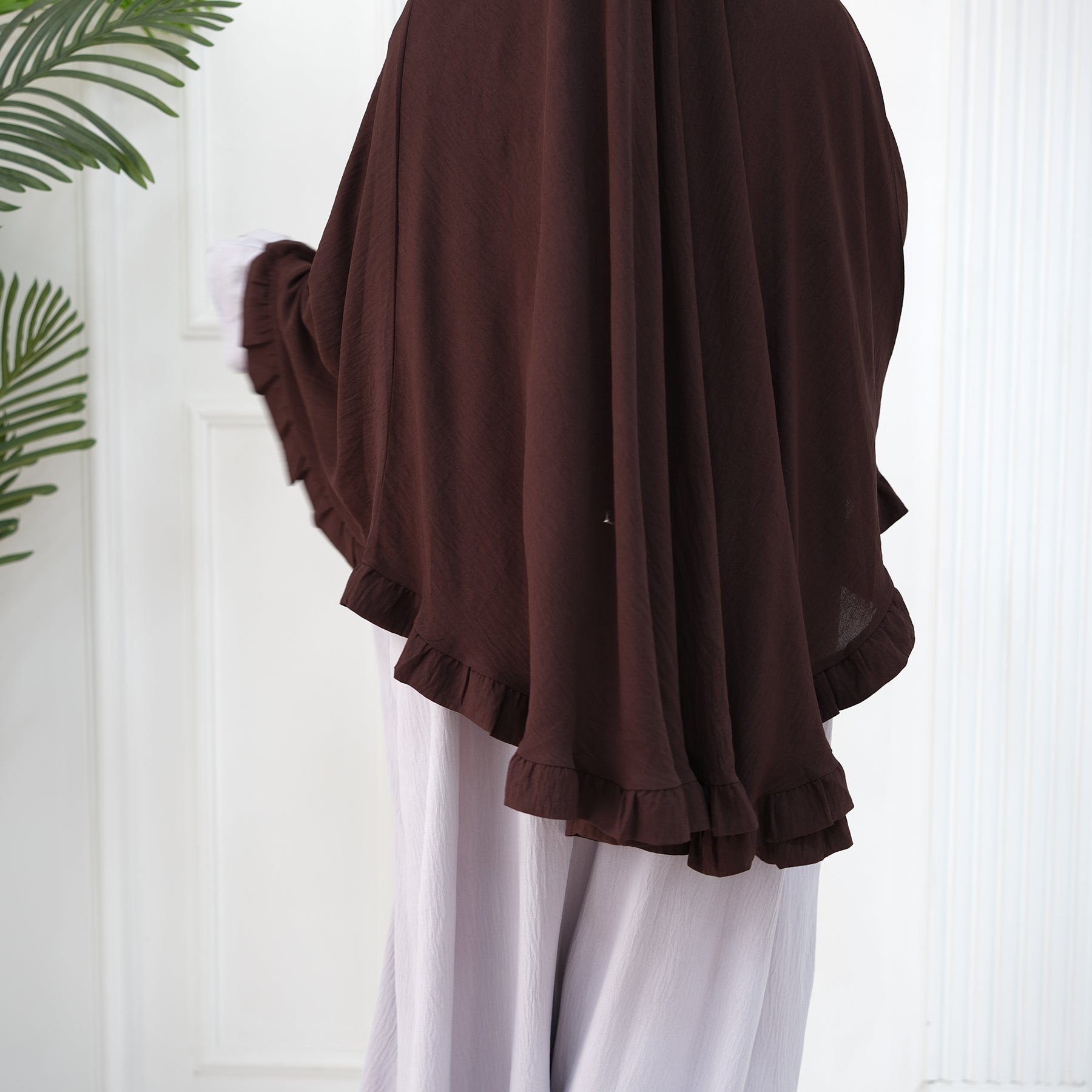 Dark Coffee Wrinkle Crepe Ruffle Khimar - Noor & Grace