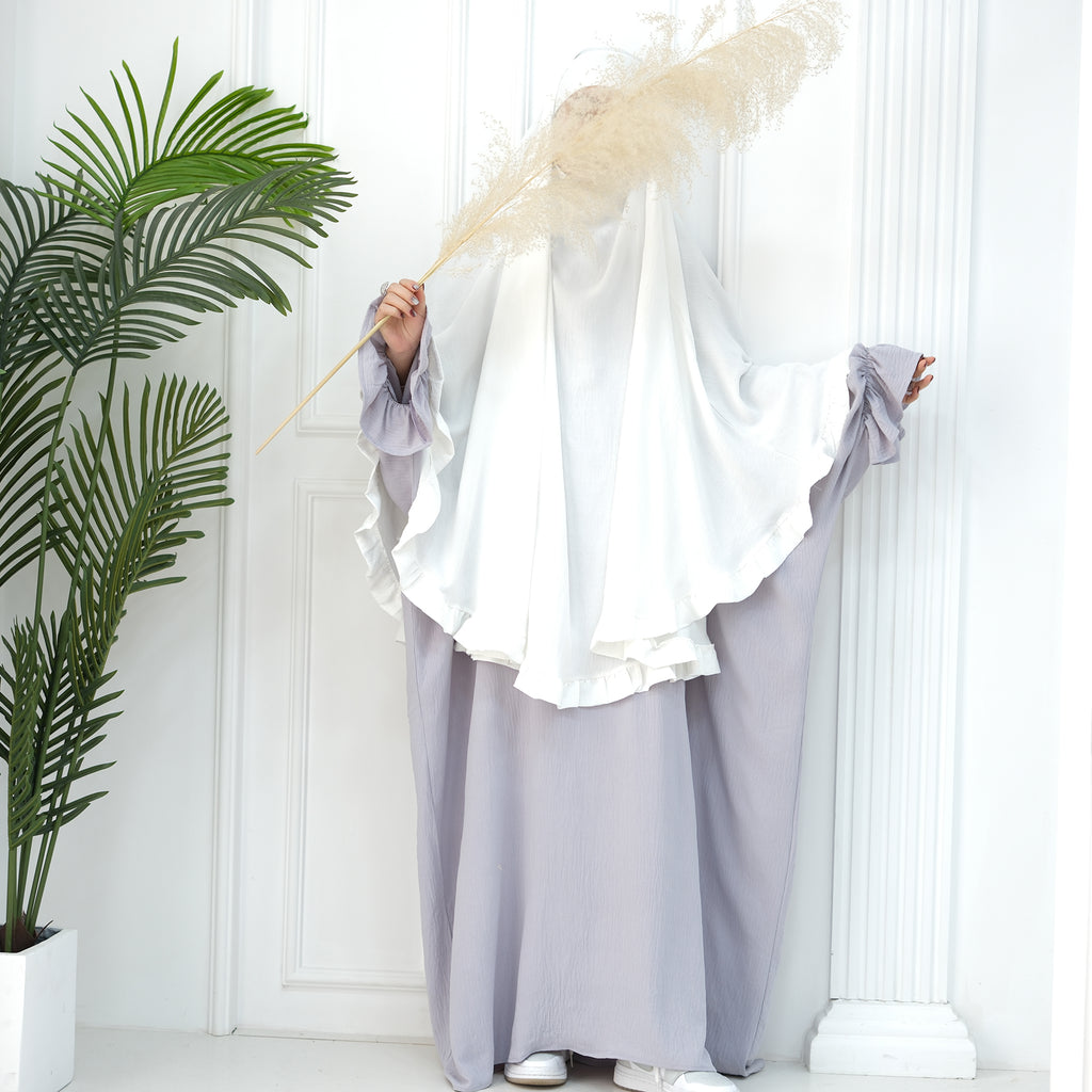 White Wrinkle Crepe Ruffle Khimar