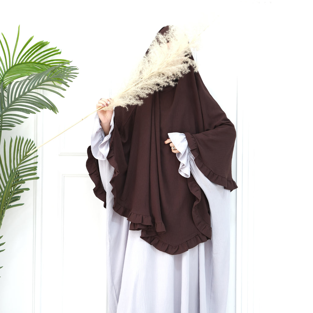 Dark Coffee Wrinkle Crepe Ruffle Khimar