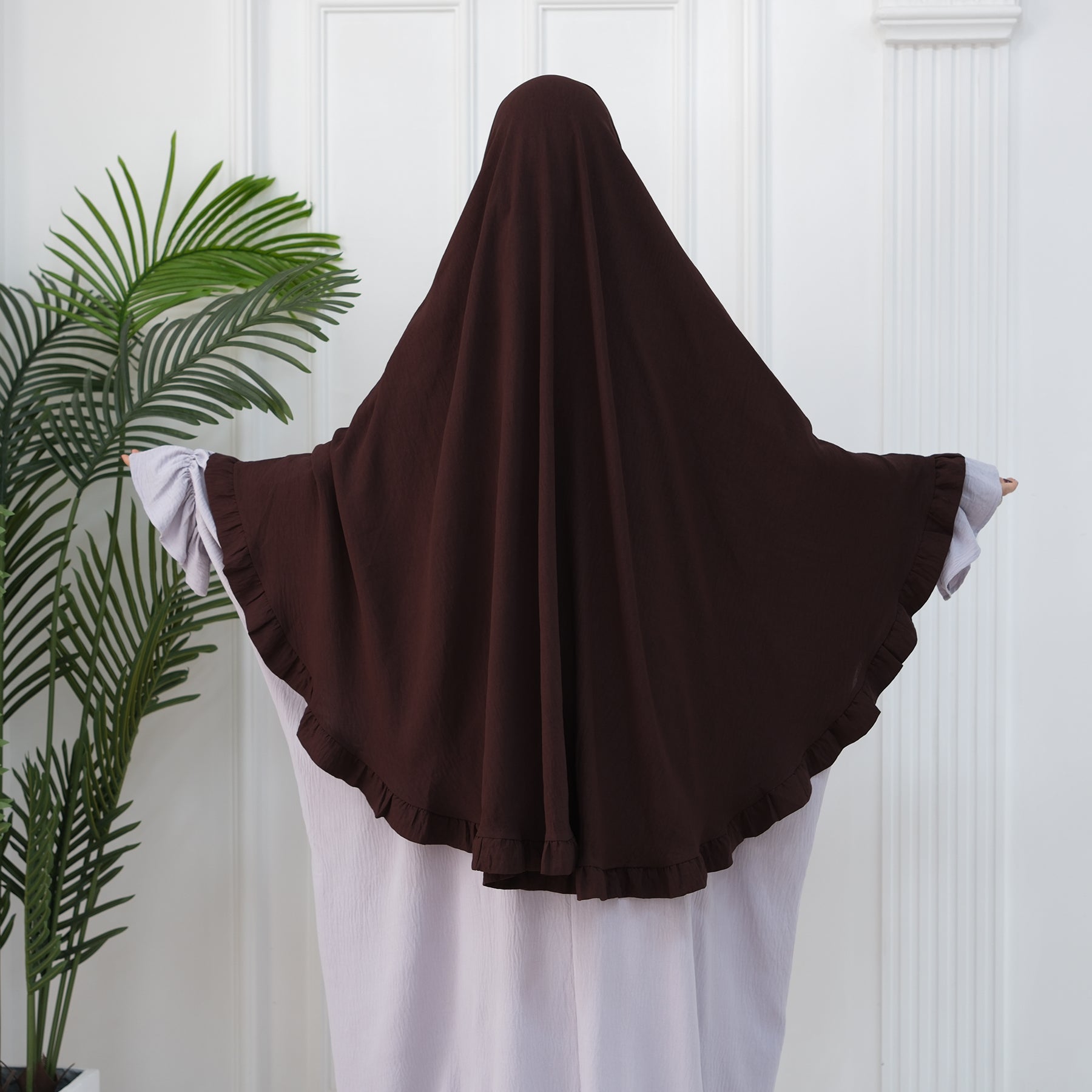 Dark Coffee Wrinkle Crepe Ruffle Khimar