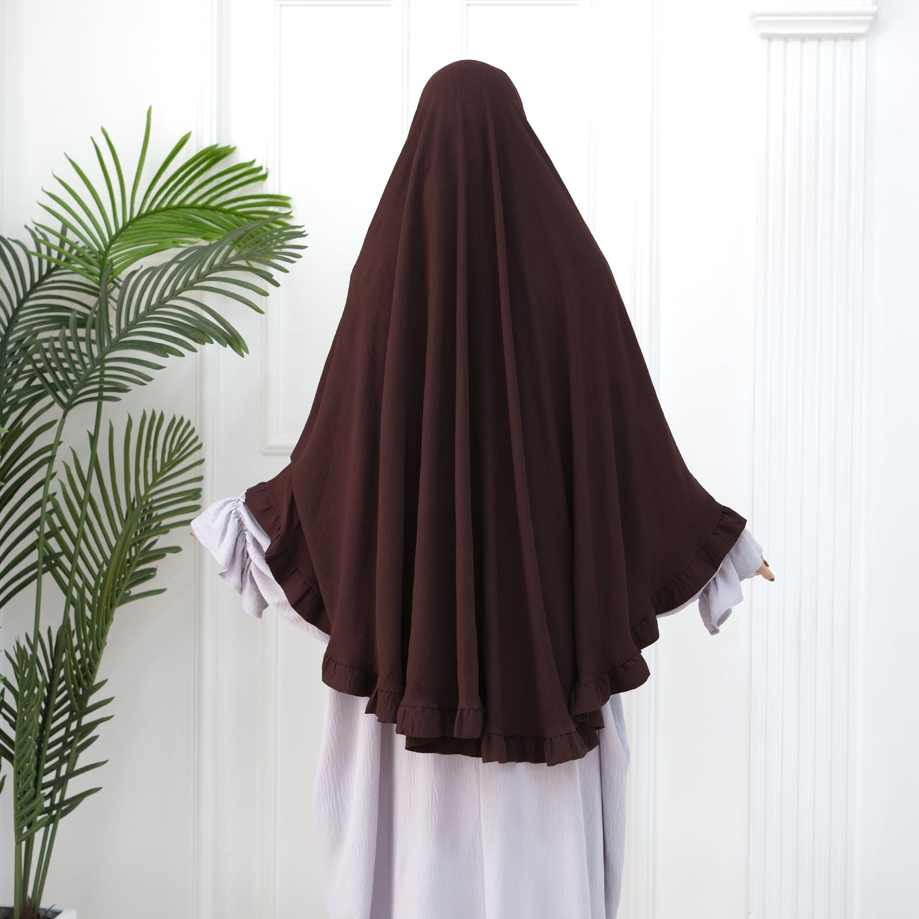 Dark Coffee Wrinkle Crepe Ruffle Khimar