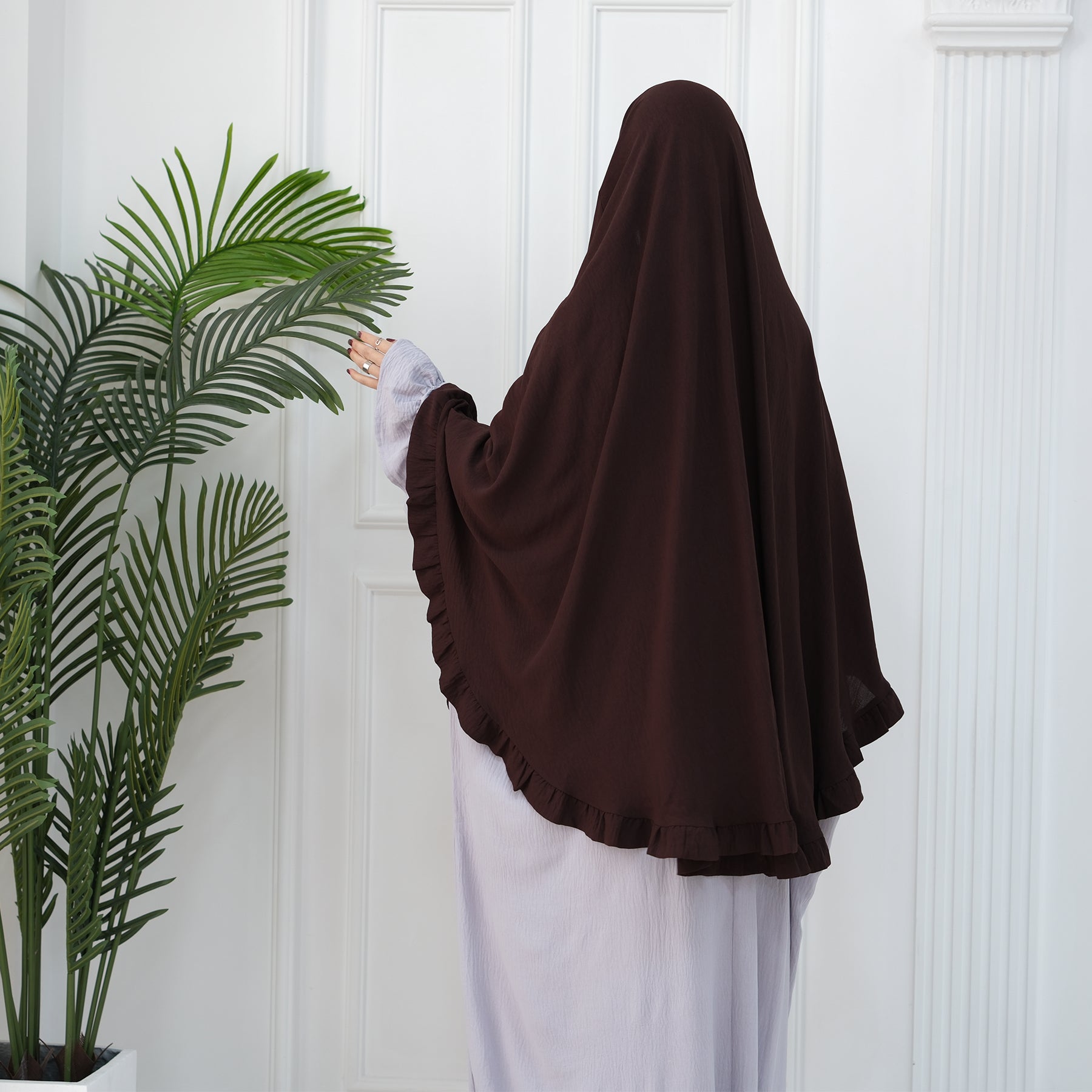 Dark Coffee Wrinkle Crepe Ruffle Khimar