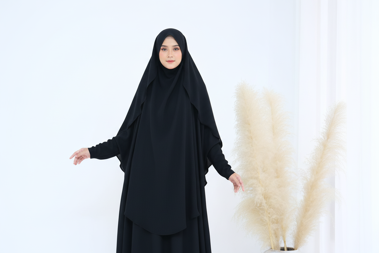 Black abaya on a mannequin against a white background with pampas grass.