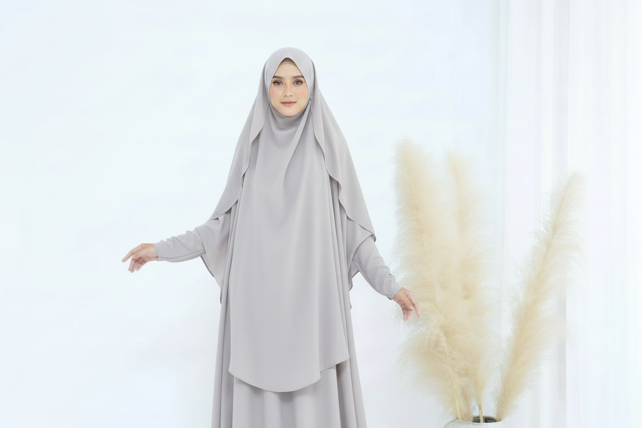 Woman wearing a brown hijab and dress against a white background