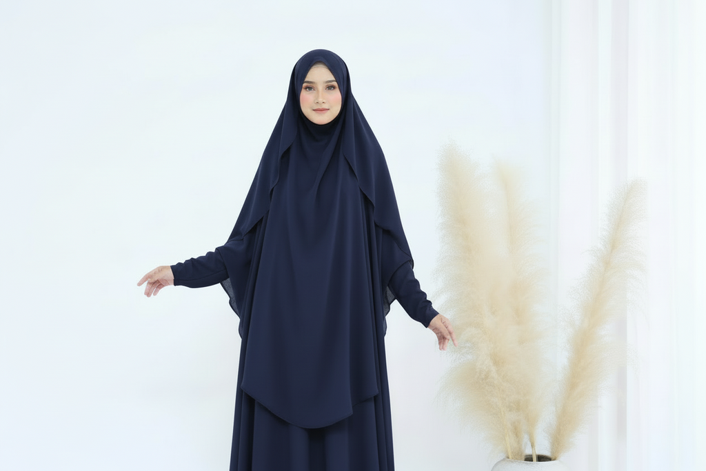 Woman wearing a gray hijab and dress against a white background