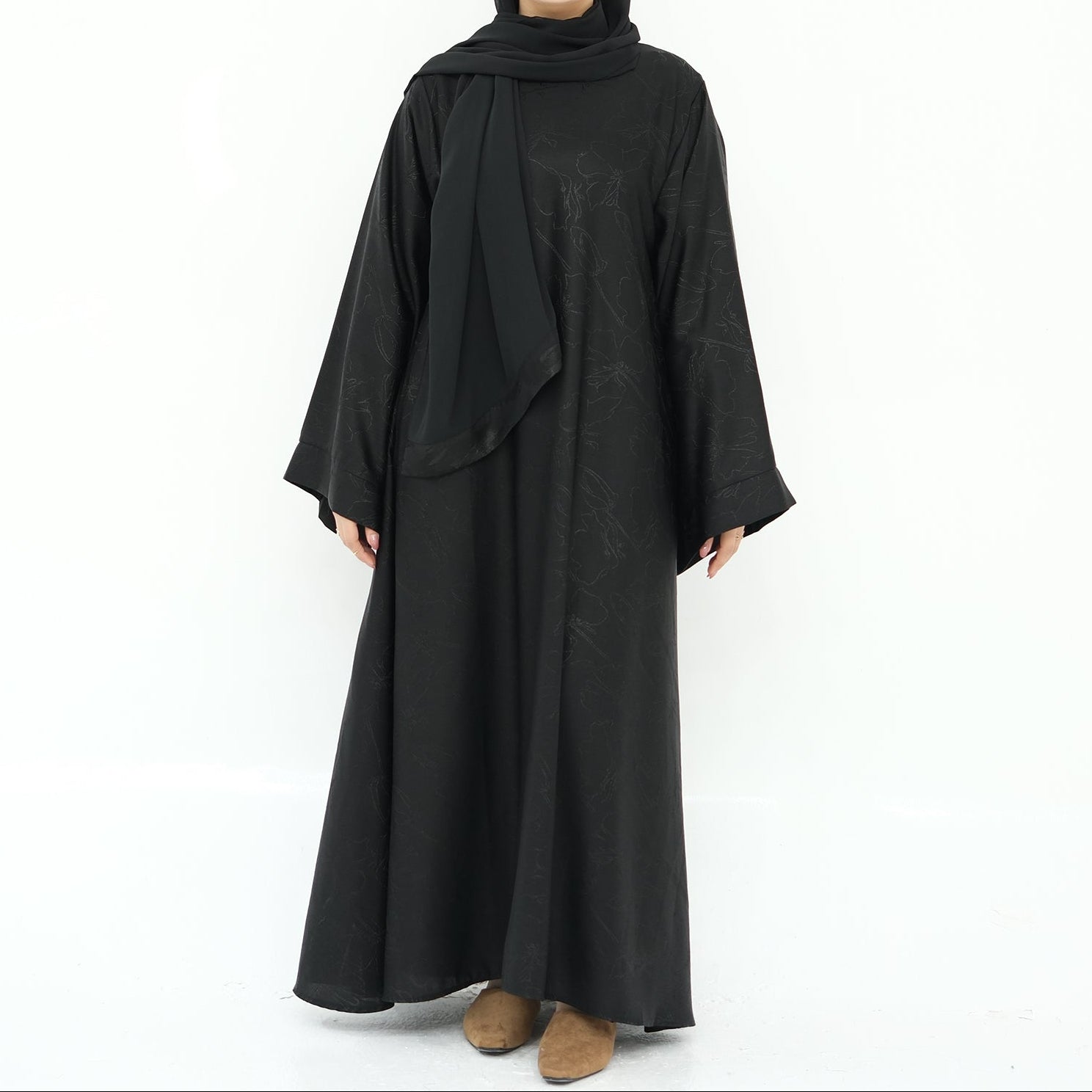 Woman wearing a black abaya and hijab on a white background